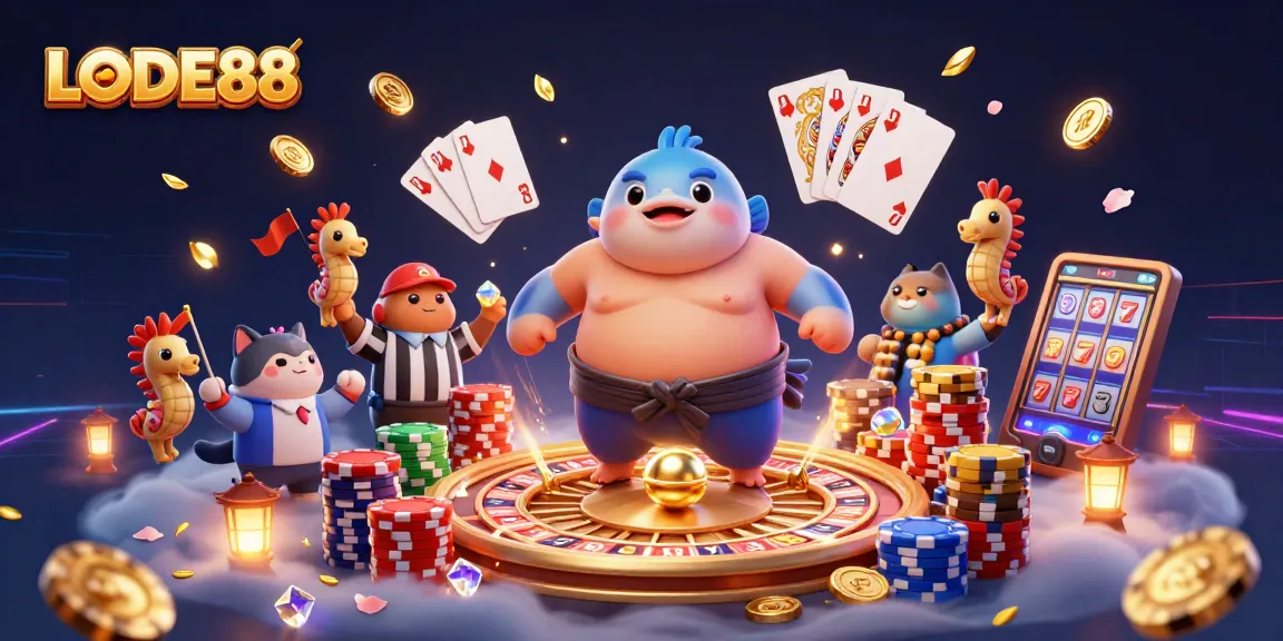 Engage with LODE88 as a colorful underwater casino adventure featuring a blowfish and catfish referee.