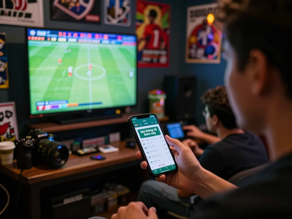 Placing bets on kèo bóng đá hôm nay with a smartphone during an exciting live sports event.