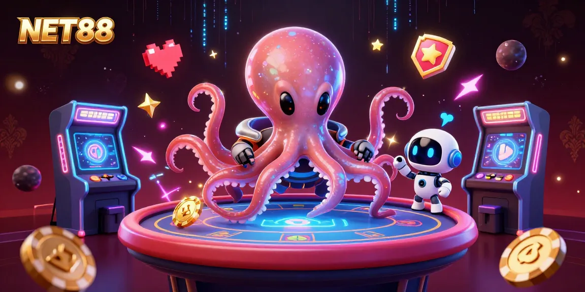 Engage with NET88 at a vibrant alien-themed casino scene featuring unique characters and dynamic game elements.