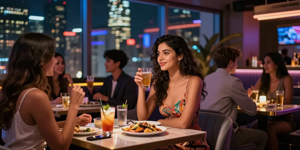 Gái gọi đang tận hưởng buổi tối sôi động tại quán bar sang trọng với bạn bè.