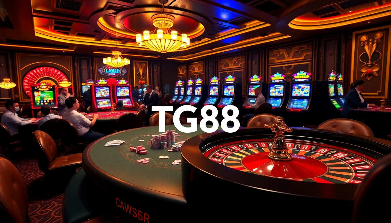 Experience the thrill of TG88 gaming at a luxurious casino with players engrossed at a poker table.
