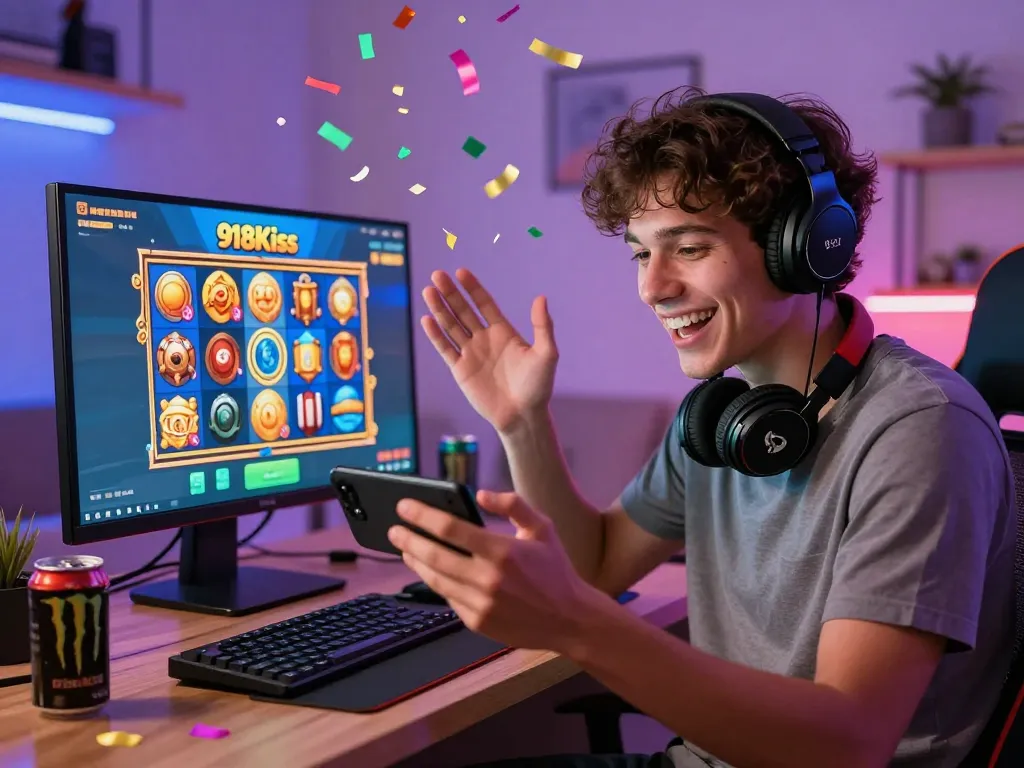 Excited gamer enjoying free credit 918kiss on mobile, surrounded by slot game graphics and colorful confetti.