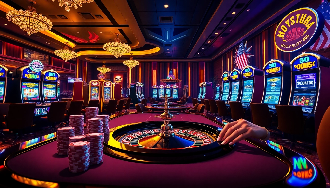 Experience the thrilling atmosphere of HOLYSLOTS88 with elegant gaming tables and vibrant slot machines.
