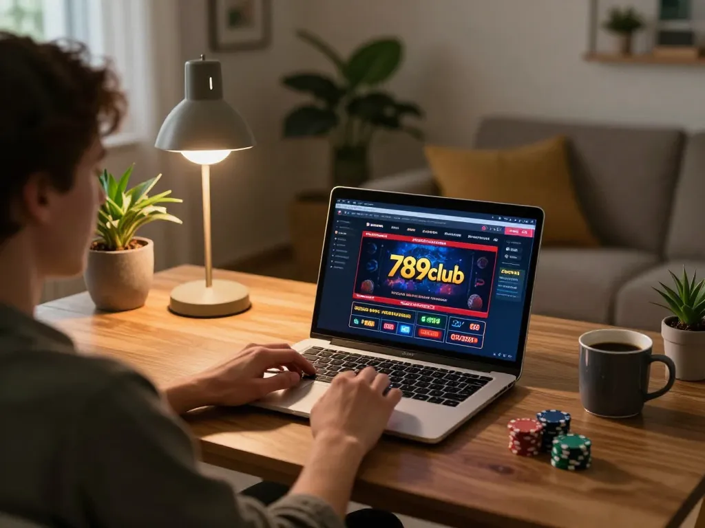 Player enjoying an online gaming session at 789club in a cozy home setting with poker chips and a laptop.