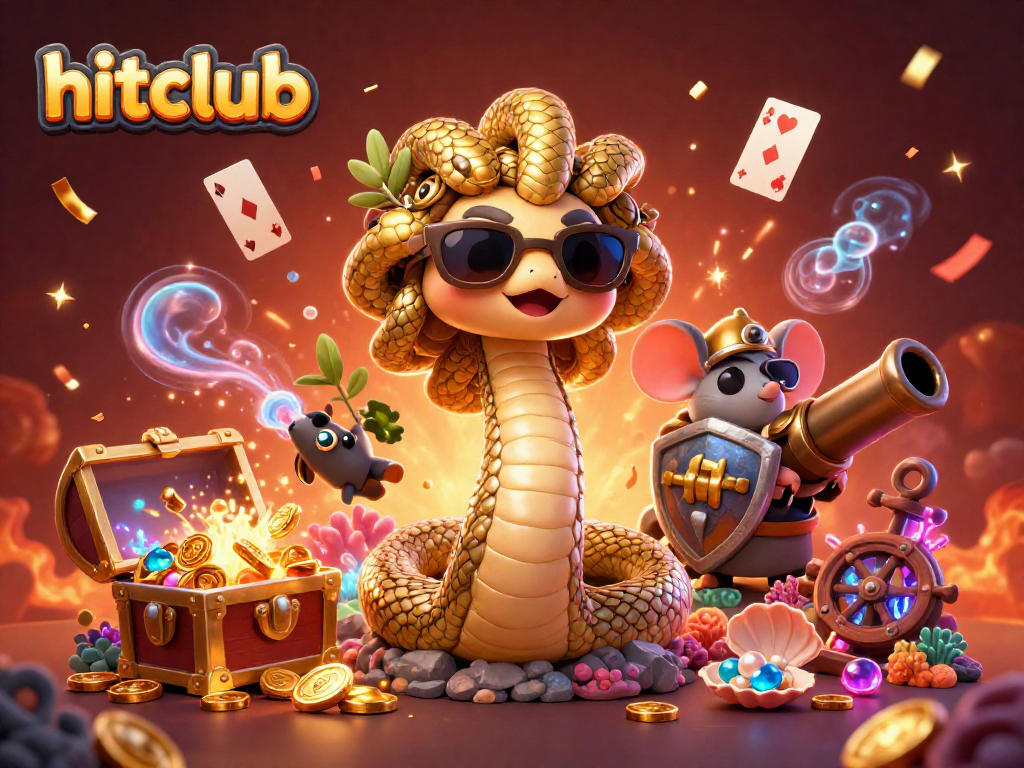 Hitclub's vibrant 3D digital illustration showcases Medusa and a warrior mouse with gambling elements amidst gold coins.