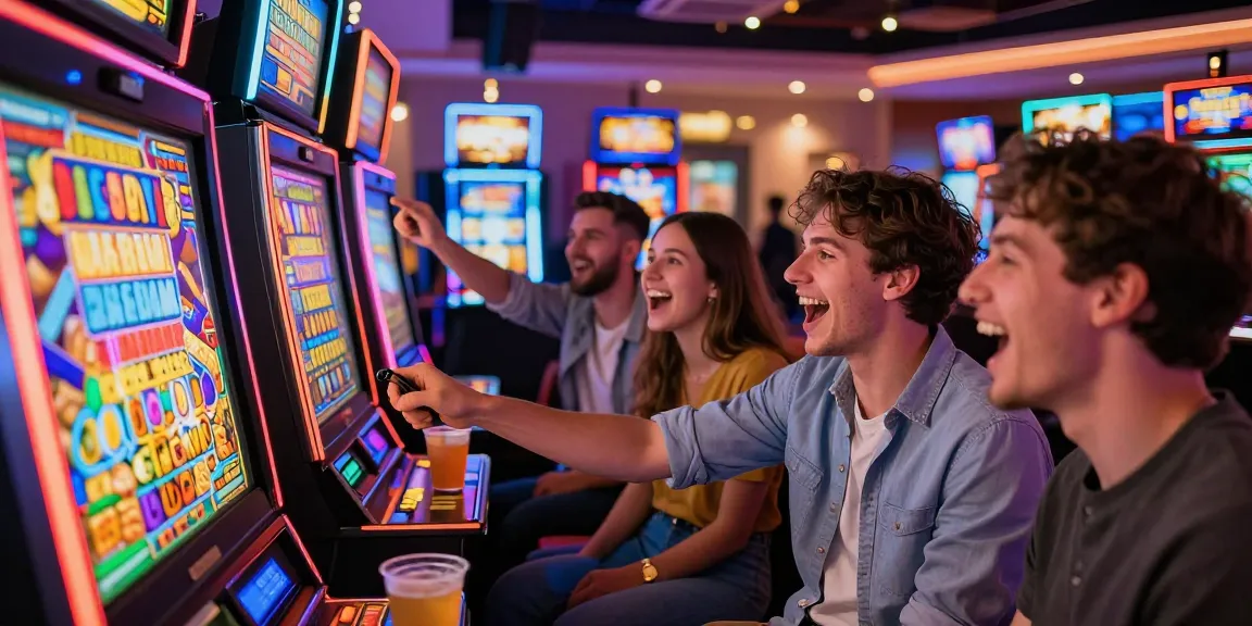 Excited friends celebrating a win at a slot machine in a vibrant casino.