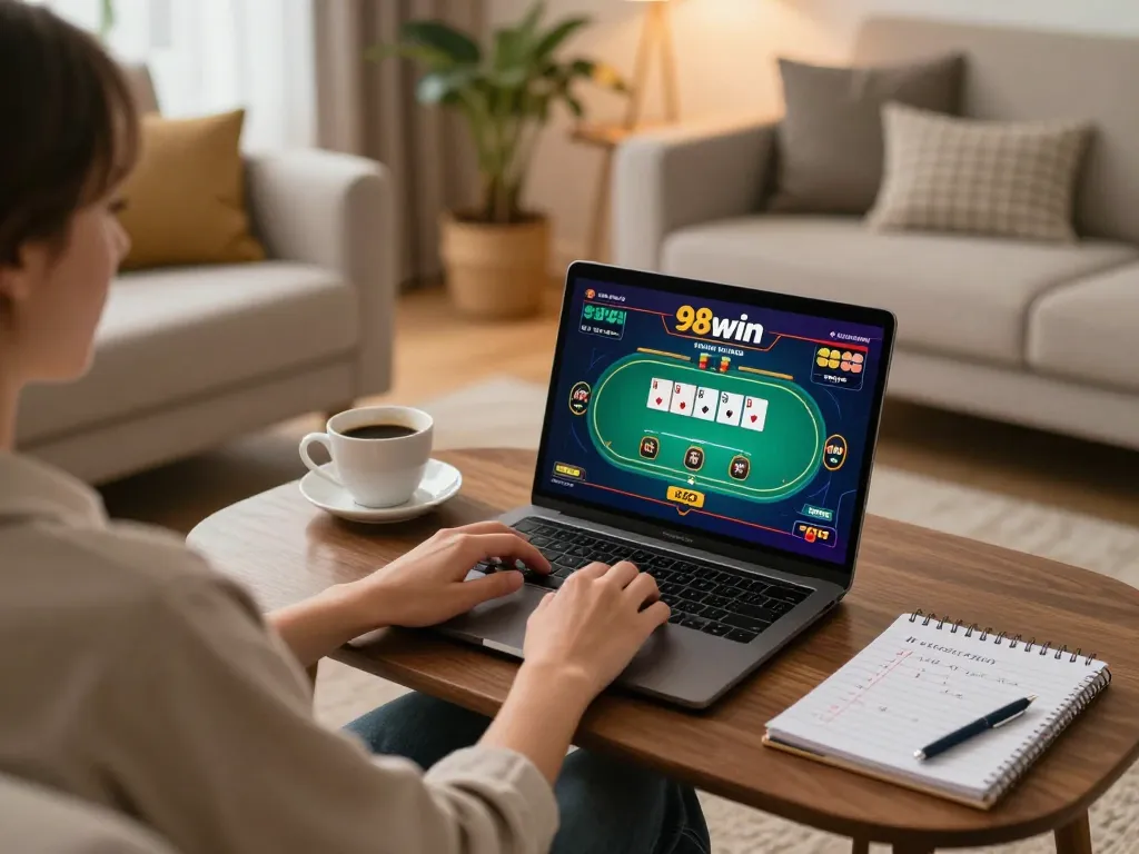 Gambling enthusiast enjoying a poker game on 98win in a cozy home setting.