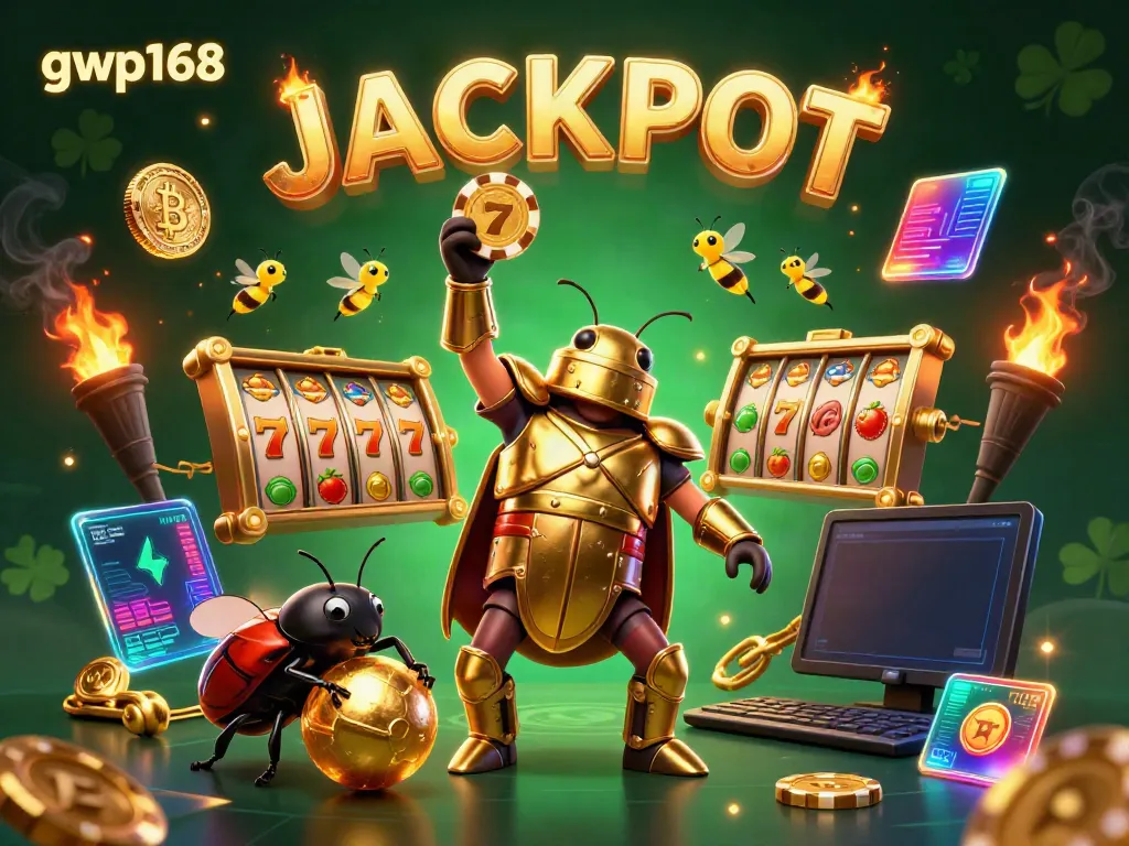 GWP168 menghadirkan kesempatan menang besar dengan ilustrasi slot dan simbol jackpot yang menarik.