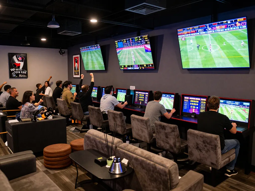 Fans actively placing bets at the 8xbet sports betting lounge, showcasing excitement and strategic betting.