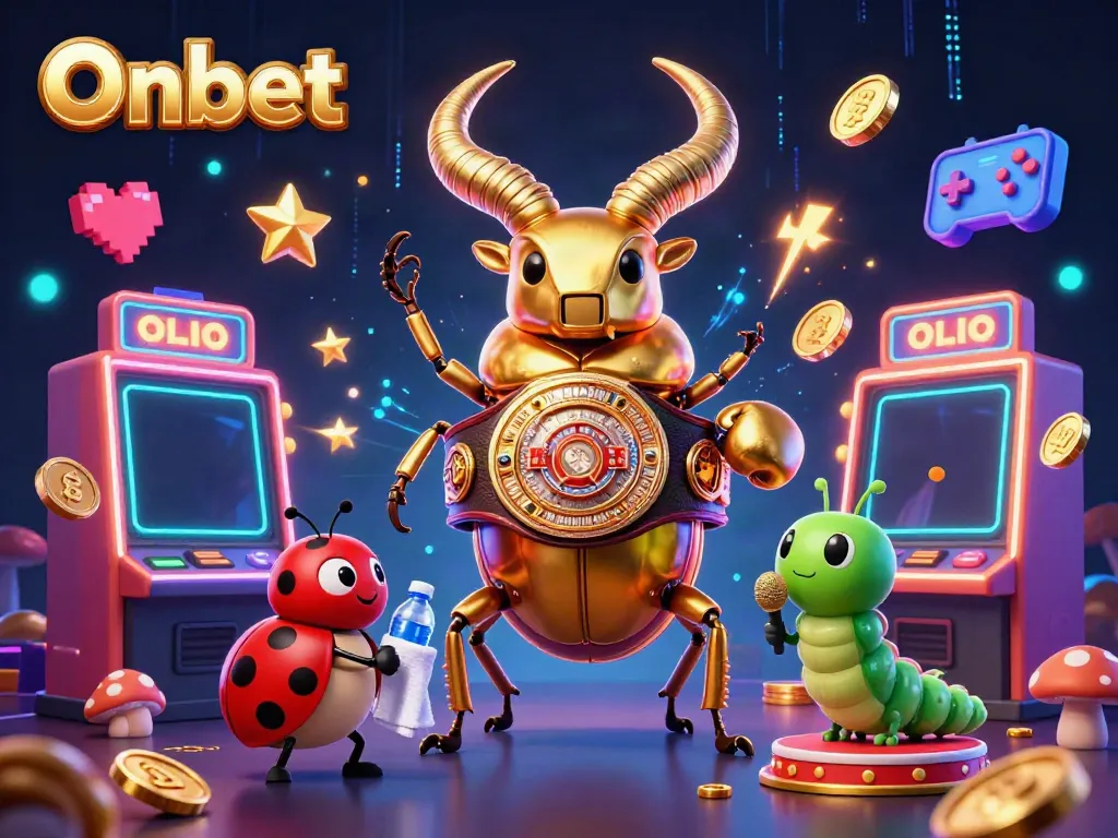 Experience Onbet's exciting gaming scene with catchy characters and vibrant slot machines.
