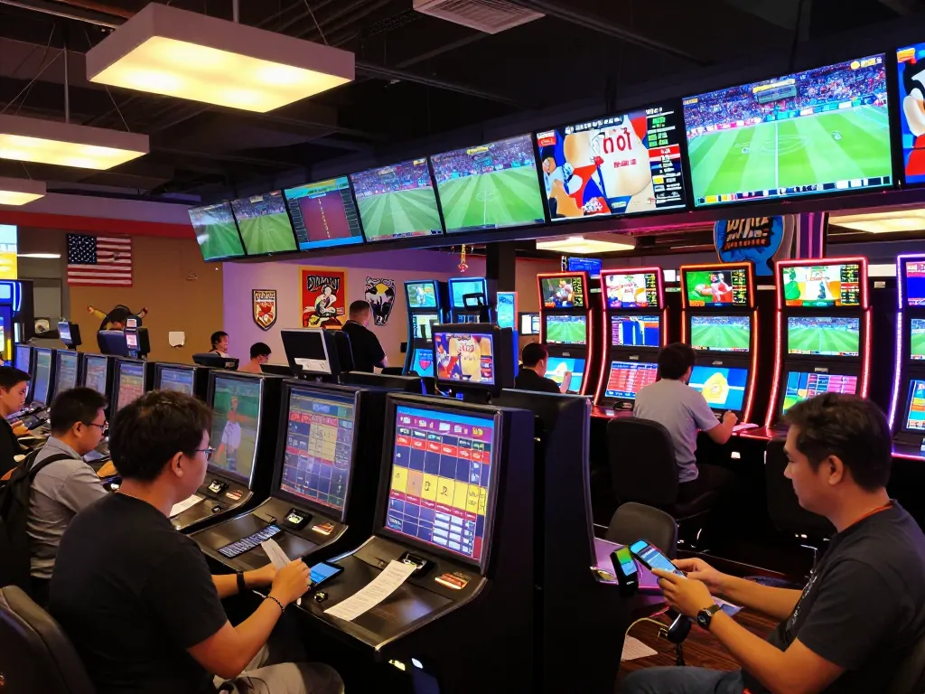 Betters analyzing kèo nhà cái odds in a bustling sports betting area of a modern casino.