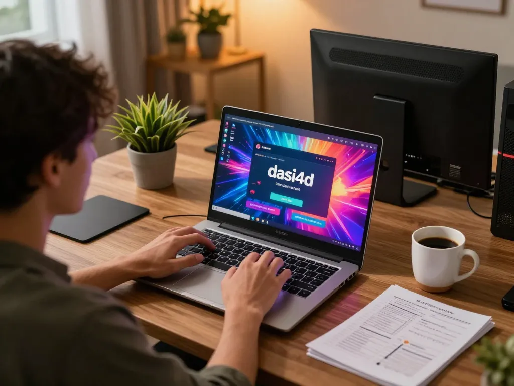 Pemain yang terlibat menggunakan dasi4d link alternatif di laptop, menampilkan strategi permainan online dalam suasana rumah yang nyaman.