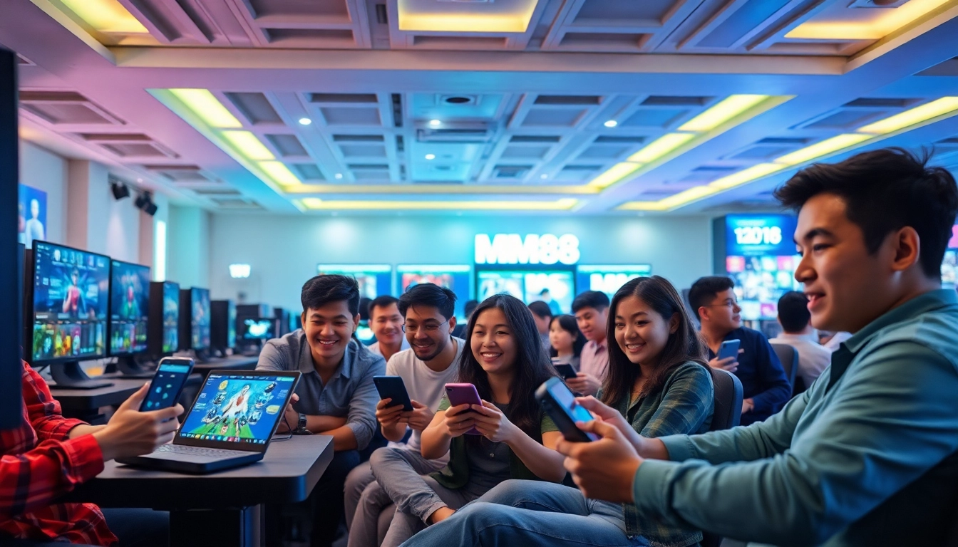 Engaging scene of diverse users enjoying MM88 online gaming on various devices with a vibrant and secure atmosphere.
