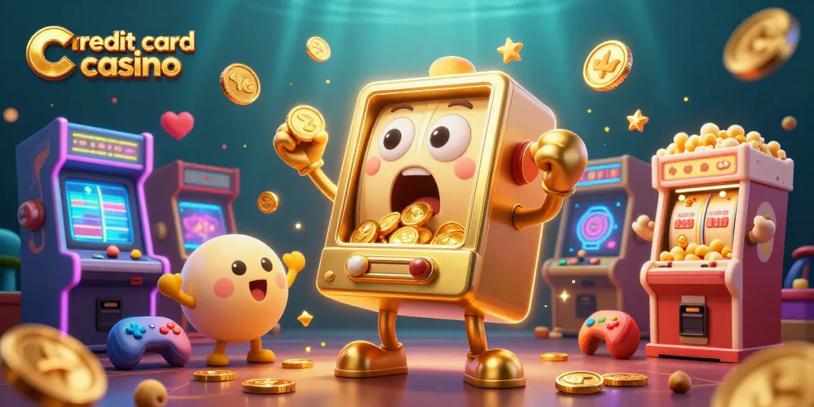 Engaging scene at a credit card casino with a golden slot machine celebrating a jackpot amidst colorful game elements.