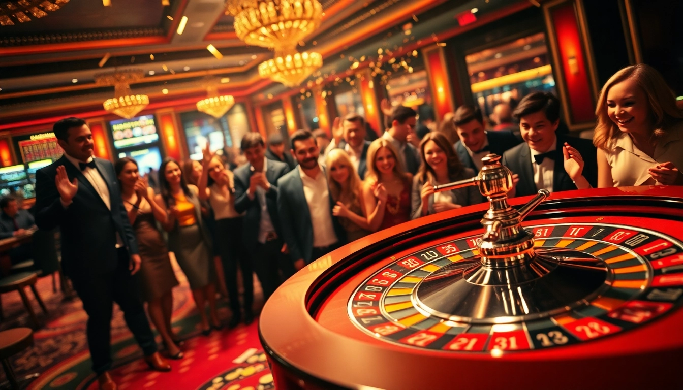 Engaging players at a Casino roulette table, featuring dynamic interactions and vibrant atmosphere.