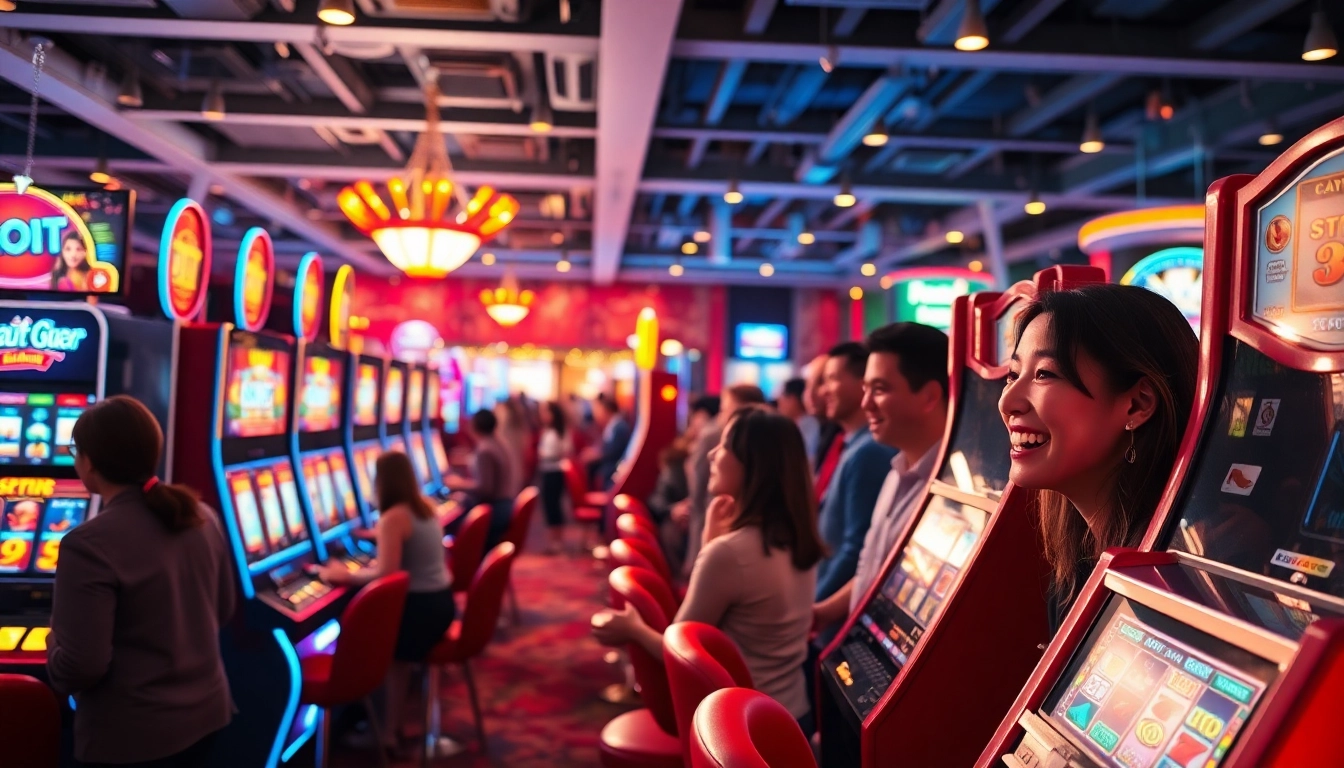 Slot Game yang mengasyikkan dengan pemain bersemangat di kasino.