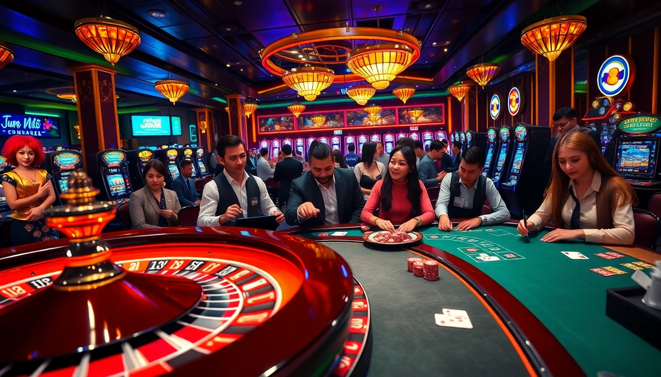 Experience the excitement of Jun88 casino with players engaging at poker tables and roulette wheels.
