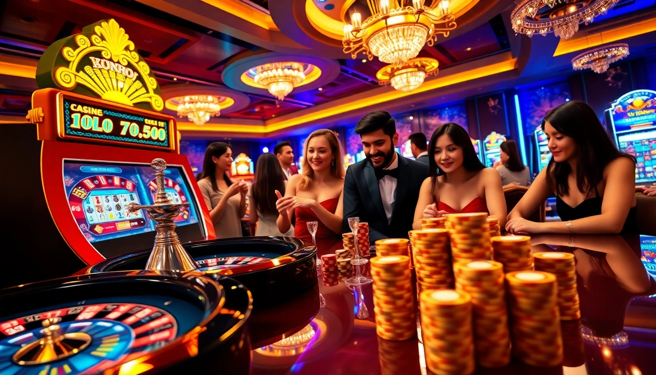 Engaging scene of players enjoying the excitement of online gambling at link ev88 with roulette and slot machines.