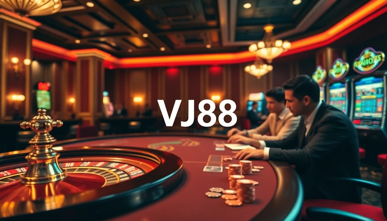 VJ88 casino scene featuring poker chips and roulette wheel for an exciting gambling experience.
