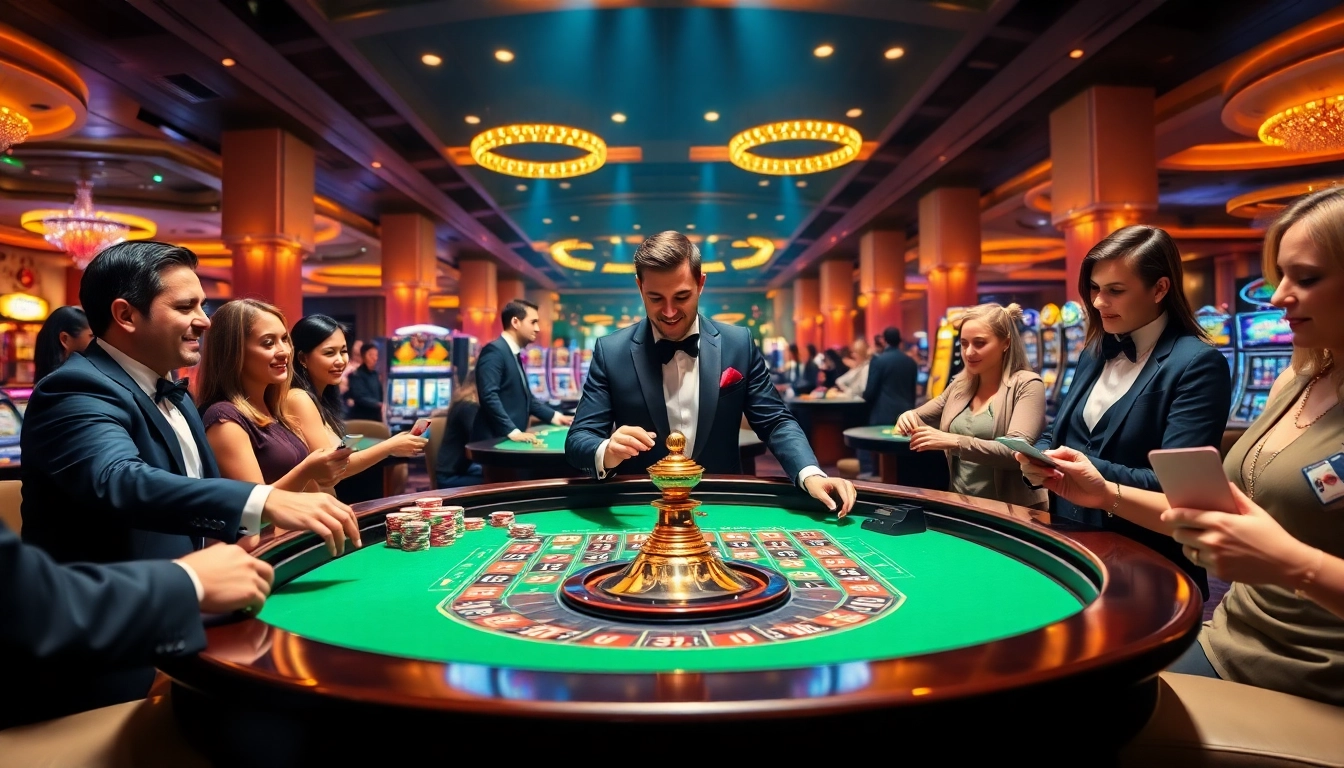 Experience thrilling gambling at mmoo88.us.com, featuring a luxurious roulette table and enthusiastic players.