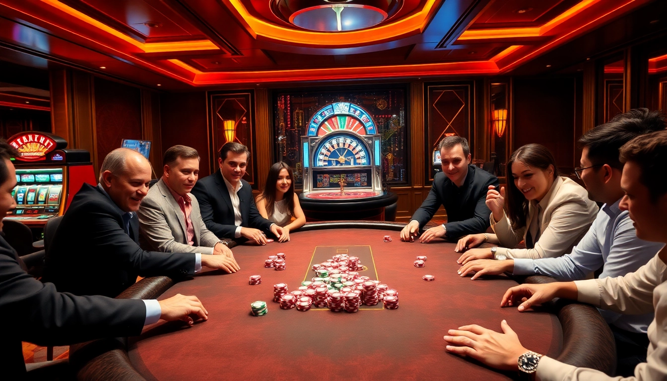 A lively casino scene featuring players engaging in xn88 bet on poker, with vibrant chips and a roulette wheel in the background.