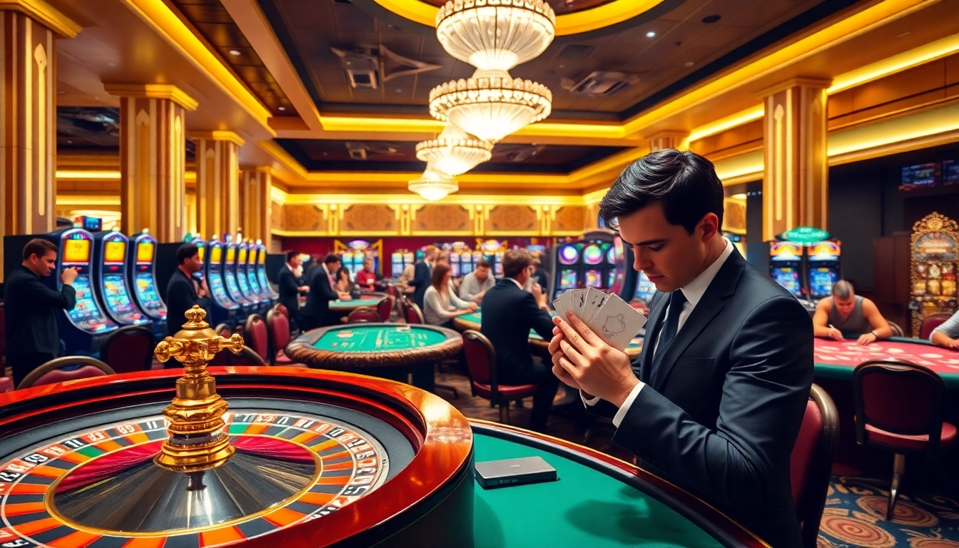 Players engaging in thrilling games at a KJC-inspired casino, showcasing luxury and excitement.