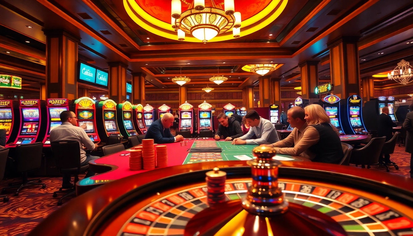 An exciting scene at Fb68 casino with players engaging at a poker table and colorful slot machines.