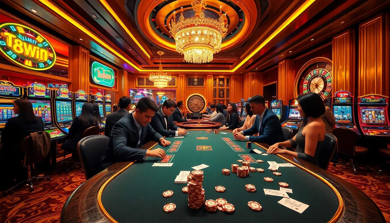 Action-packed gaming scene featuring players engaged in 68win bet poker, amid colorful slots and roulette.