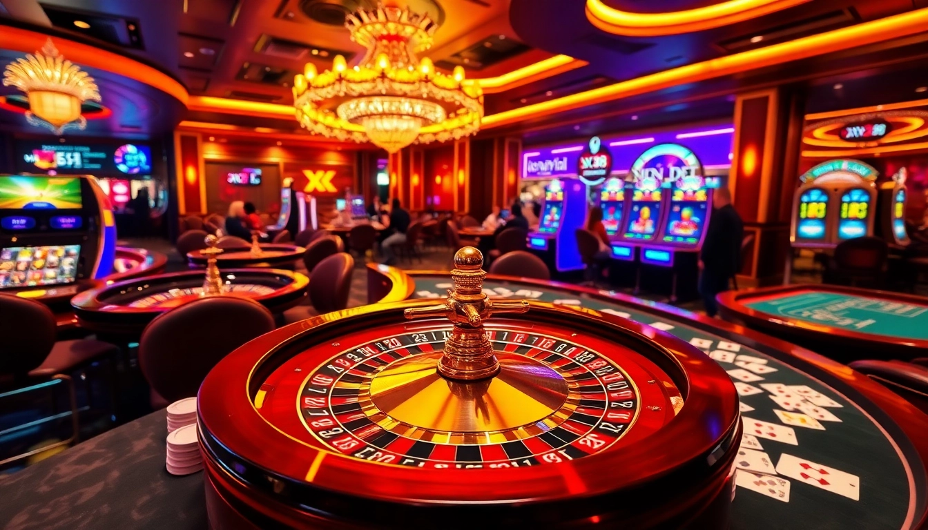 Engaging scene showcasing xn88 bet excitement with casino tables, cards, and vibrant slot machines.