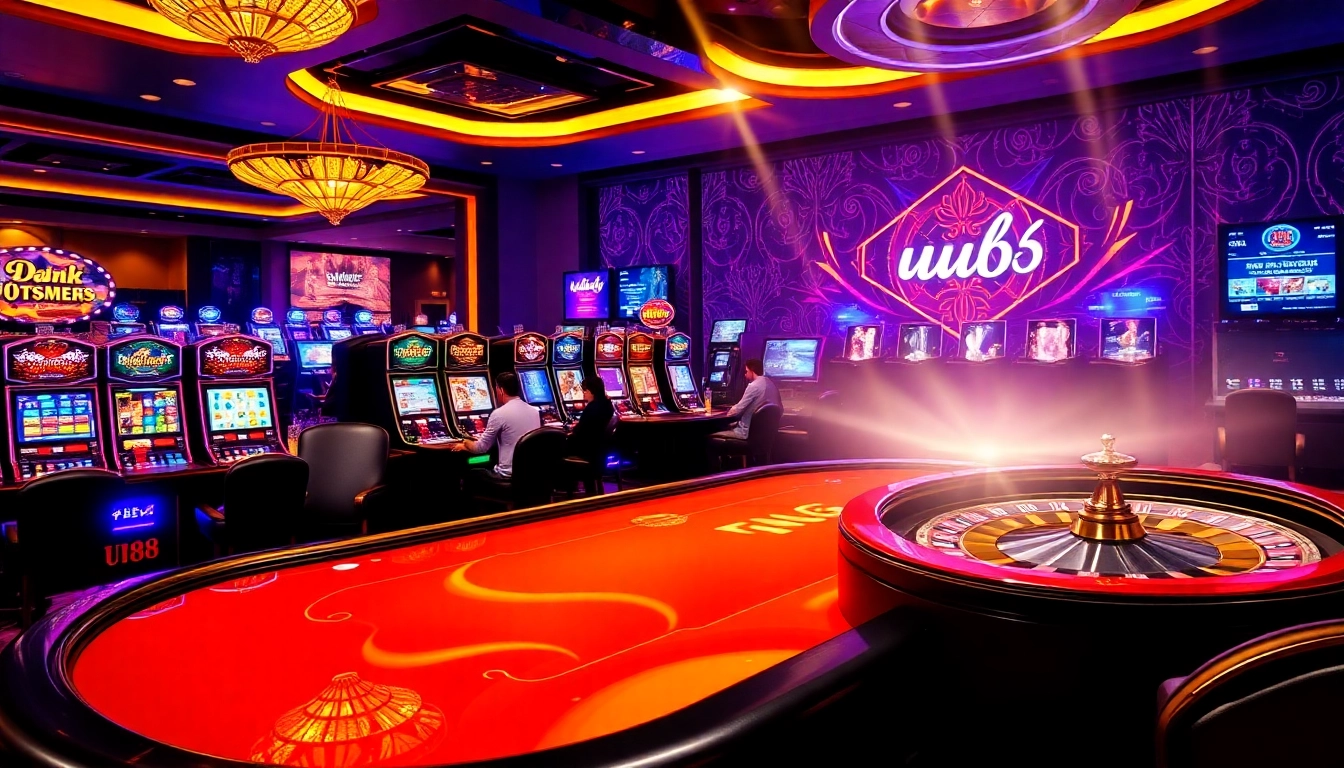 Experience thrilling online gambling at uu88 with an engaging poker table and exciting slot machines.
