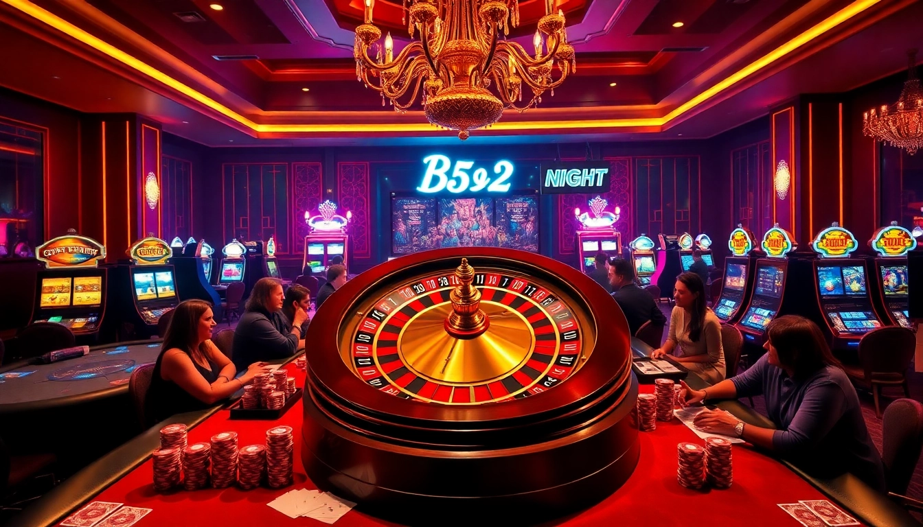 Engage with the thrilling B52 casino experience featuring an ornate roulette wheel and vibrant poker games.