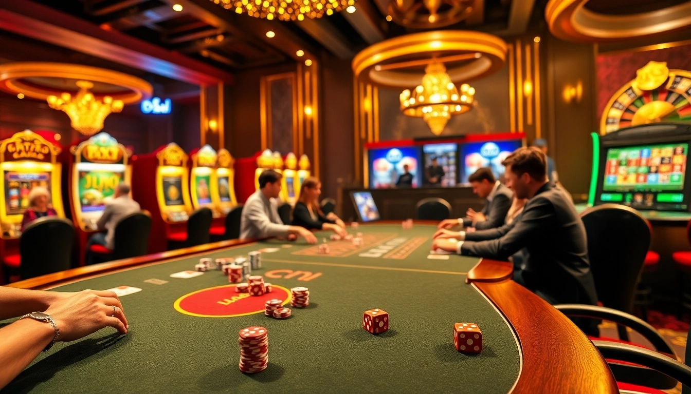 Players enjoying a thrilling poker game at b52club casino, surrounded by vibrant slot machines and chips.