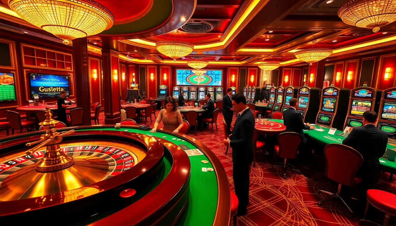 Lively casino scene with players enjoying games at https://lauthaitv3.com/, showcasing roulette wheels and poker tables.