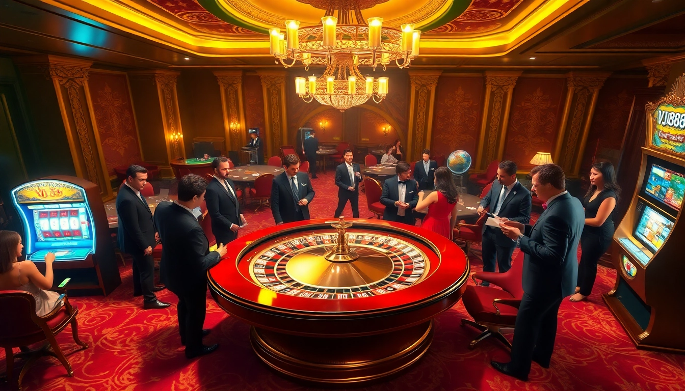 Betting action in a luxurious casino setting featuring VJ88 branding on slips.