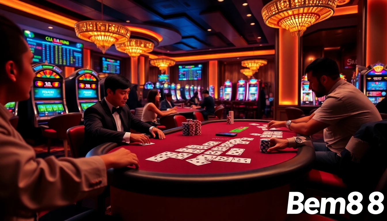 Bem88 players strategizing at a luxurious poker table, surrounded by vibrant casino elements.