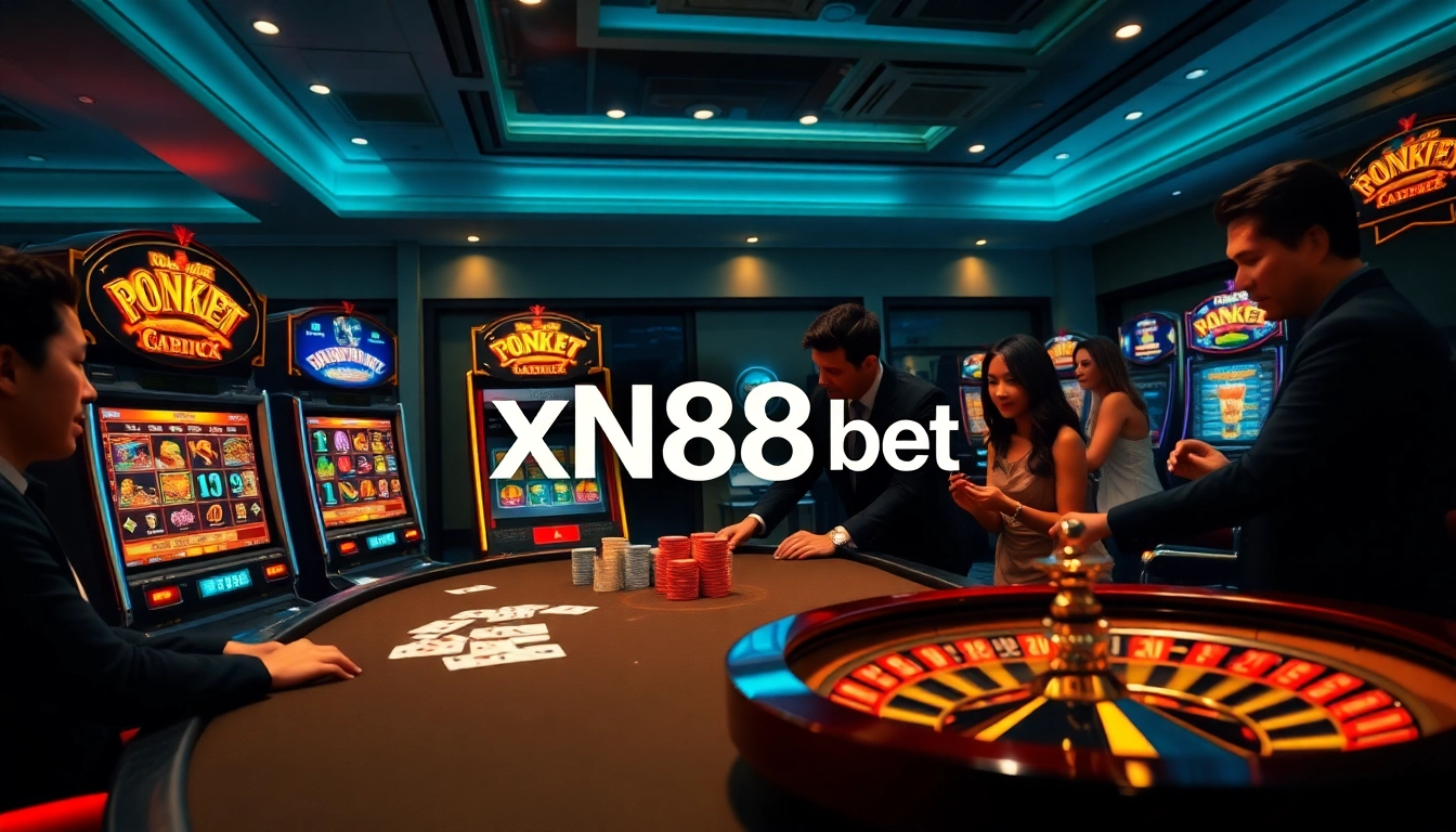 Engaging scene depicting xn88 bet with players at a vibrant casino table amidst slot machines.