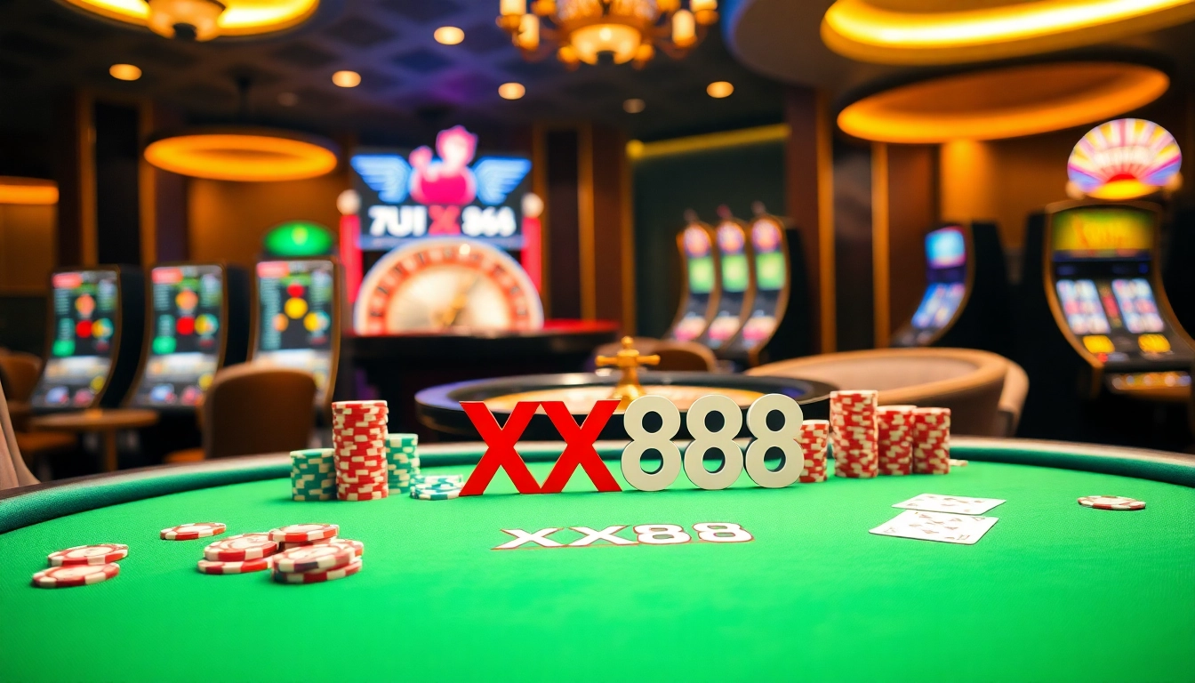 Experience thrilling games at XX88's vibrant casino with poker chips and roulette wheel.