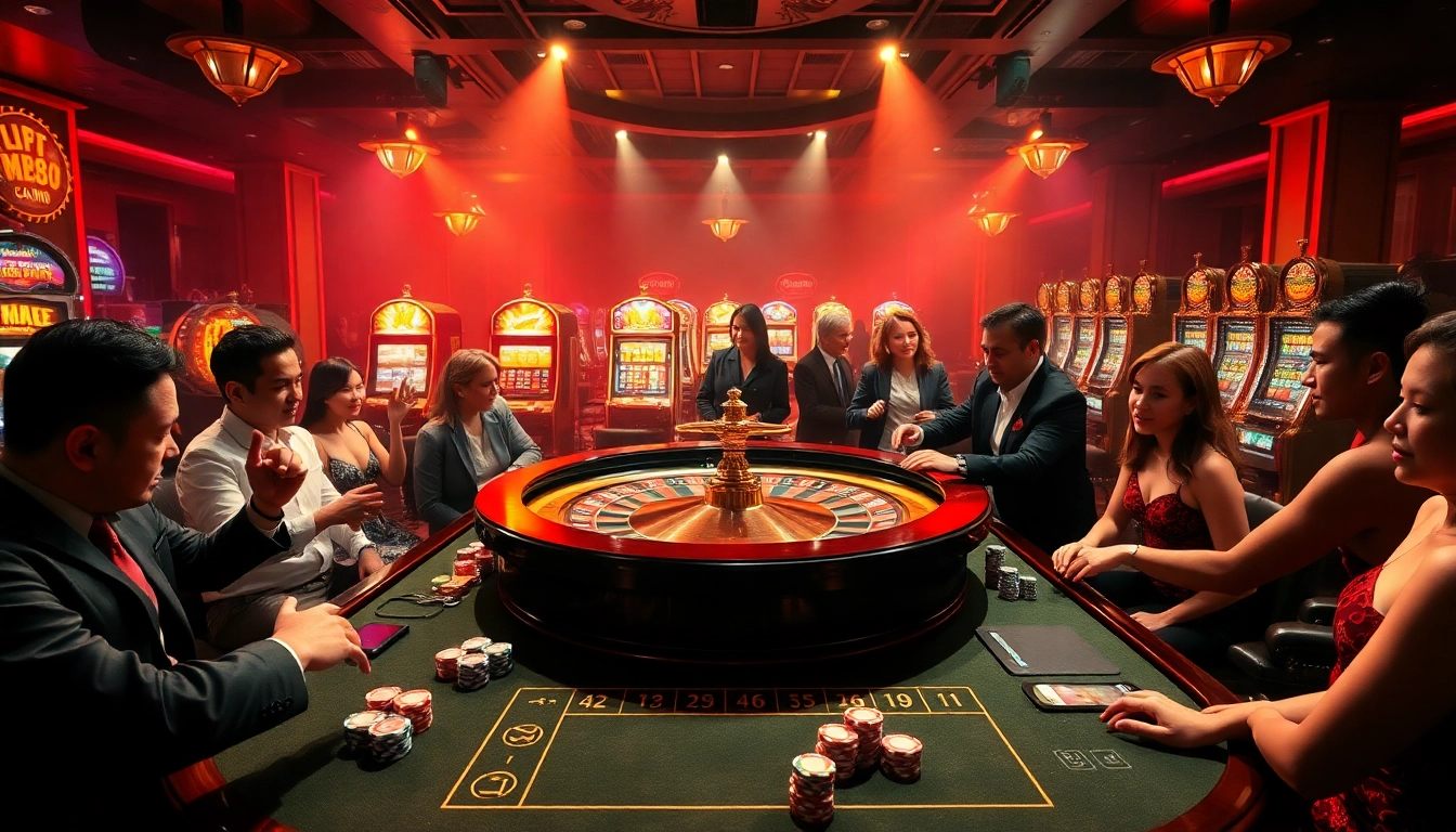 Players engaged in an exciting game at RR88's luxurious casino, showcasing vibrant roulette and slot machines.