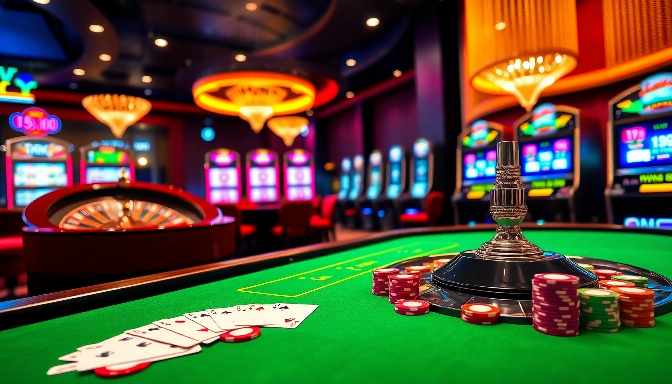 Engaging scene at U888 casino showcasing poker chips, slot machines, and a roulette wheel.