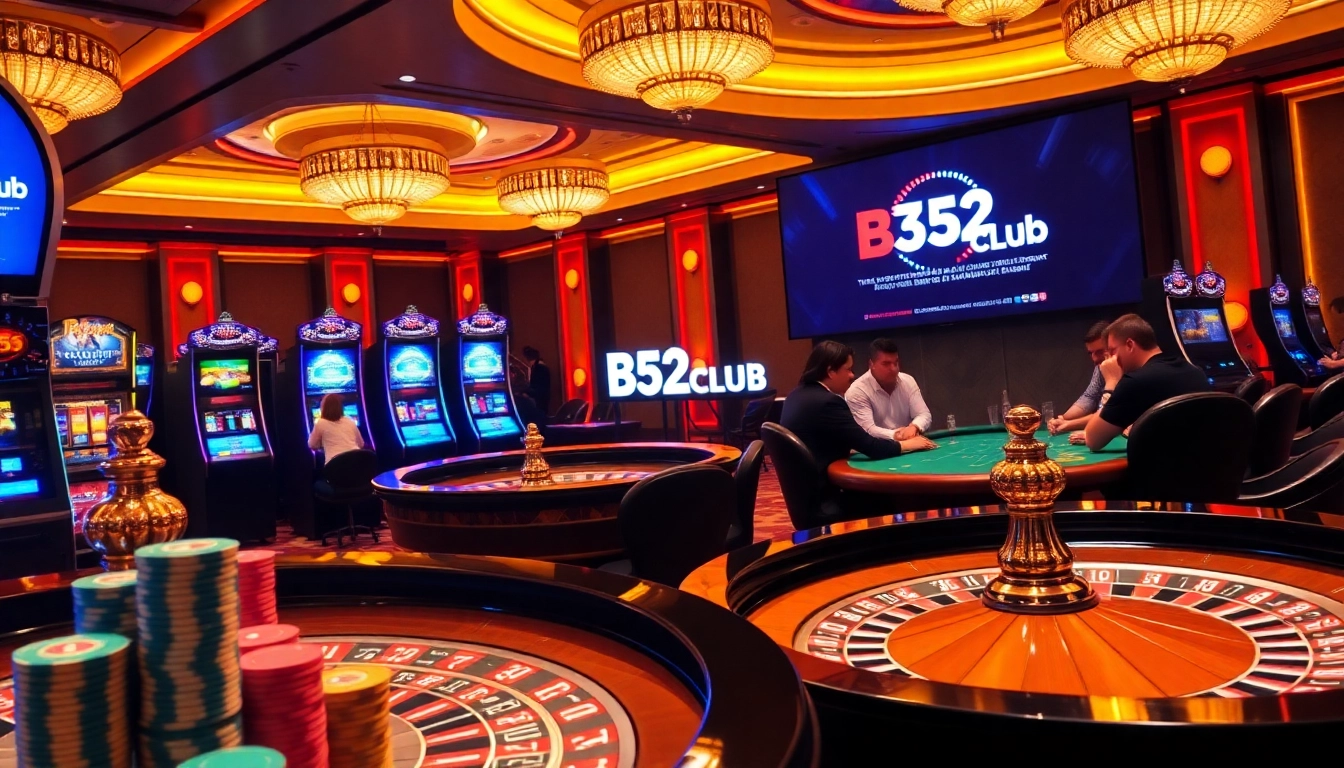 Experience the vibrant atmosphere of B52club with players at poker tables and exciting slot machines.
