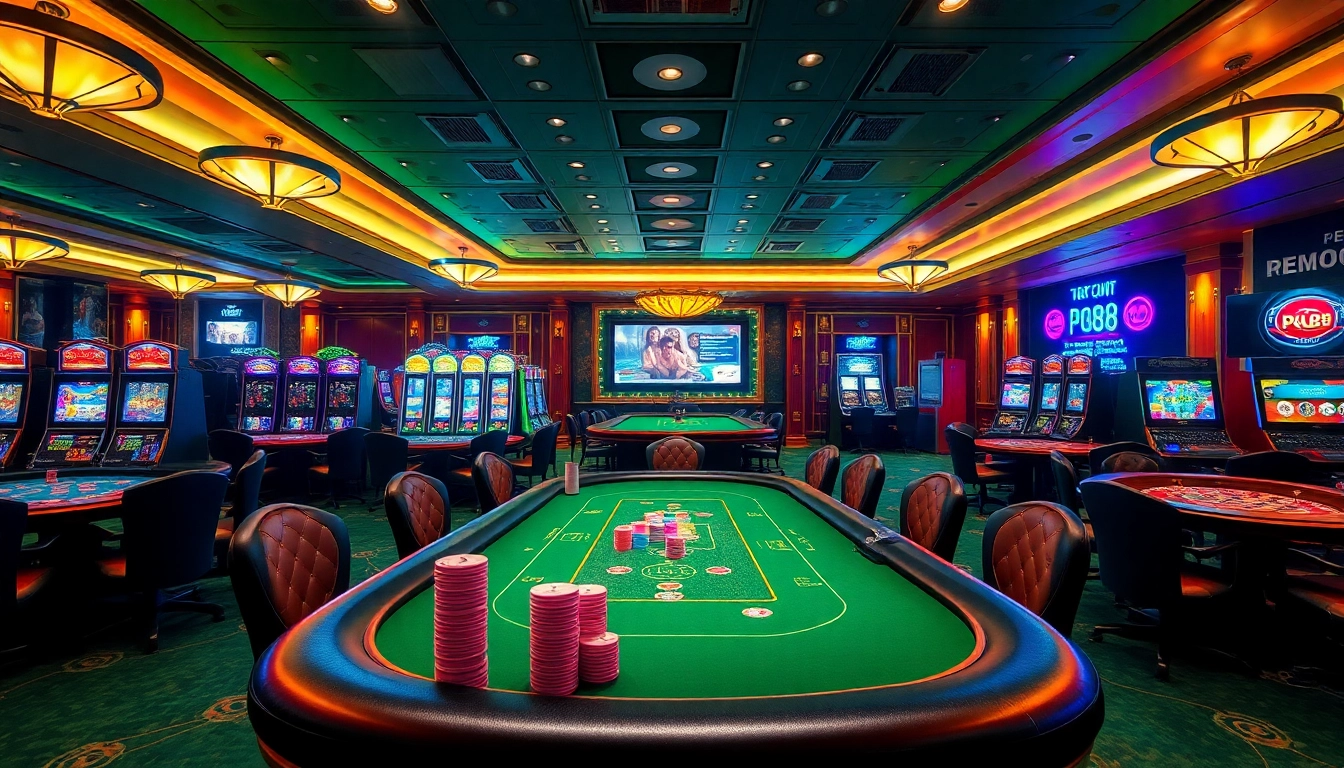 Engaging players at a vibrant pg88 poker table with colorful chips and classic slot machines.