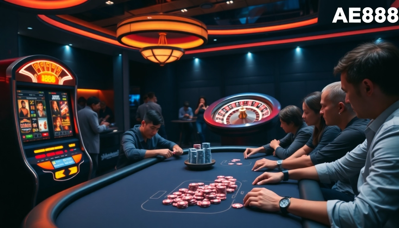 Exciting gambling experience at AE888 with poker, slots, and roulette in a luxurious casino setting.