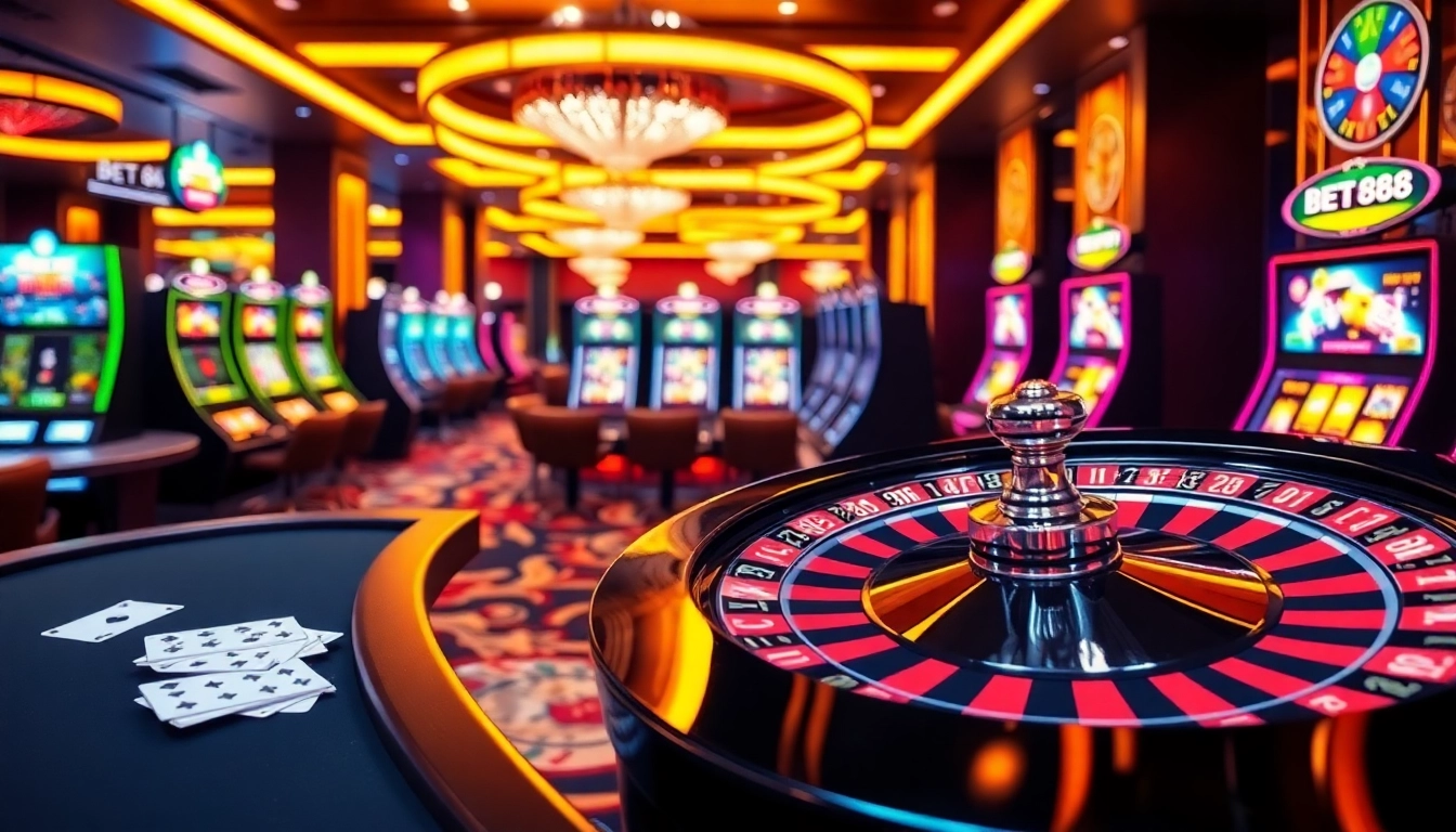 Experience the thrill of BET88 at a luxurious casino featuring roulette and blackjack tables.