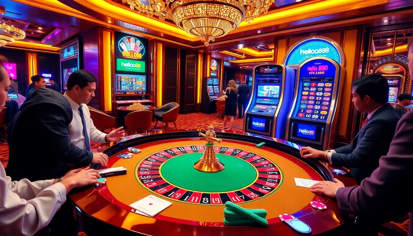 Players enjoying the thrill of games at Helloo88 casino, featuring roulette and slot machines.
