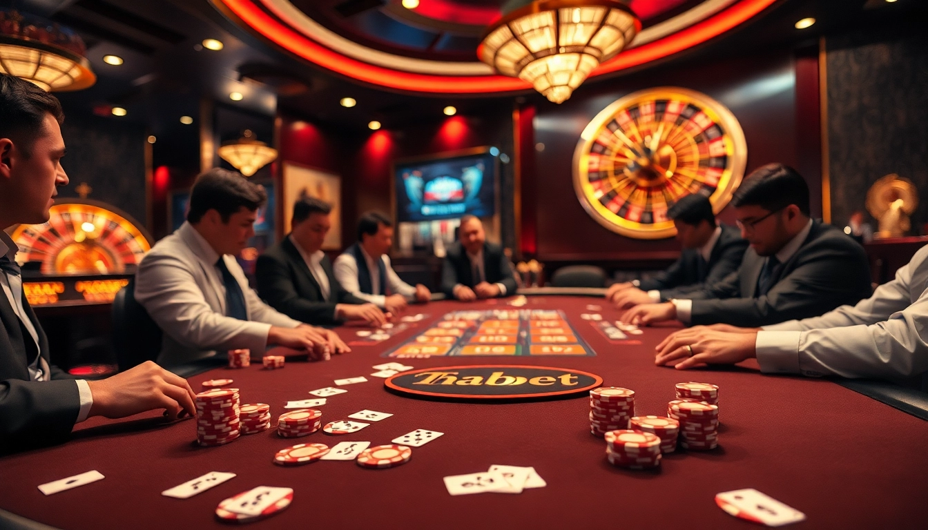 Thabet-themed high-stakes poker game showcasing intense players and luxurious casino ambiance.