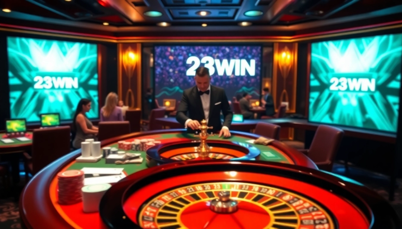 Experience the thrill of 23WIN at an upscale casino table filled with vibrant poker chips and cards.