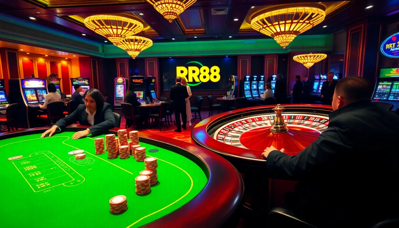 Players enjoying a thrilling casino experience at RR88, featuring poker chips and a roulette wheel.