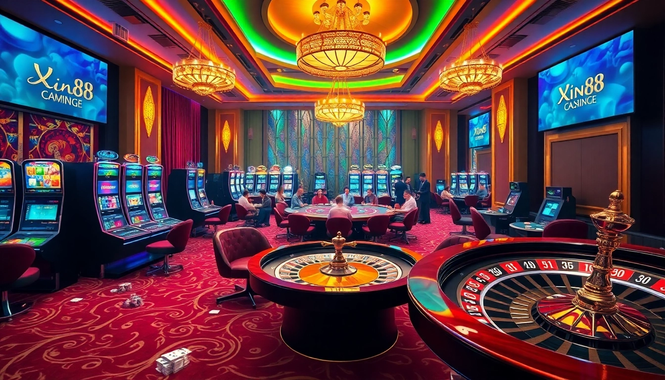 Experience the excitement of Xin88 with vibrant casino gaming tables and glowing slot machines.