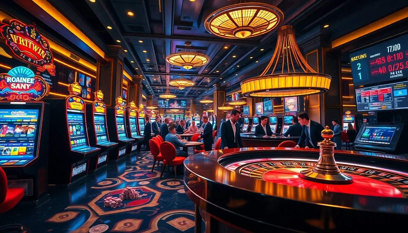 Exciting casino atmosphere at 555win with vibrant slot machines and engaging roulette table