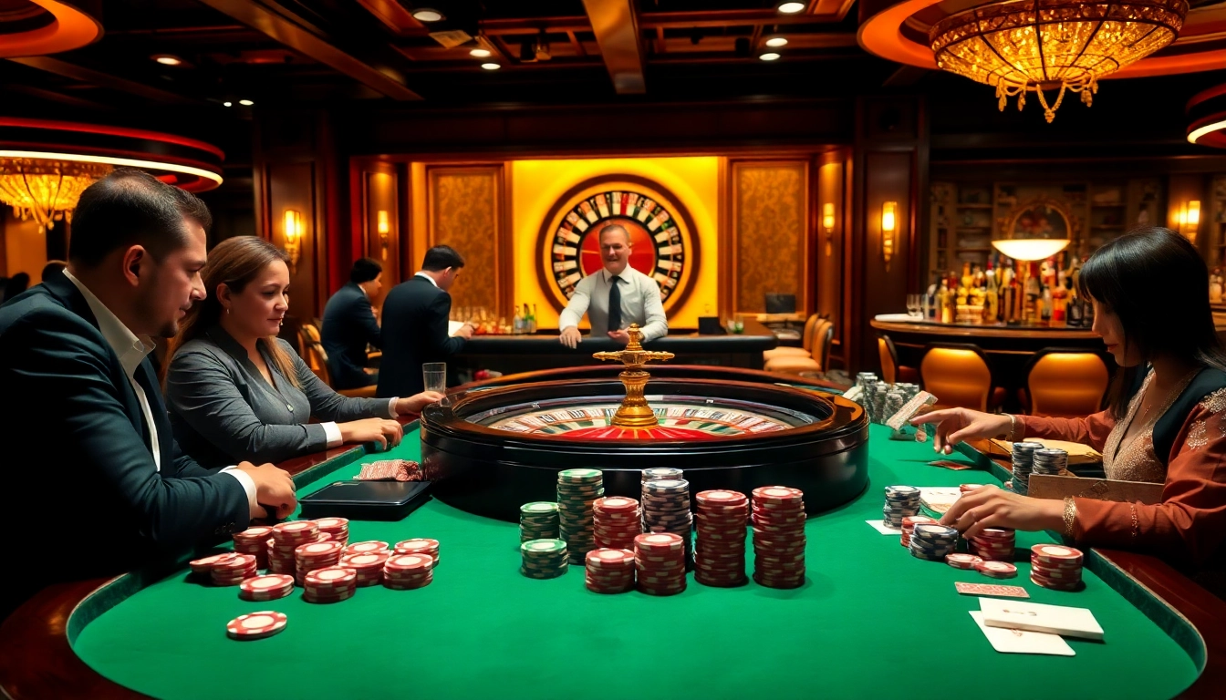 Players engage in a thrilling BDJL casino experience at a vibrant gambling table.